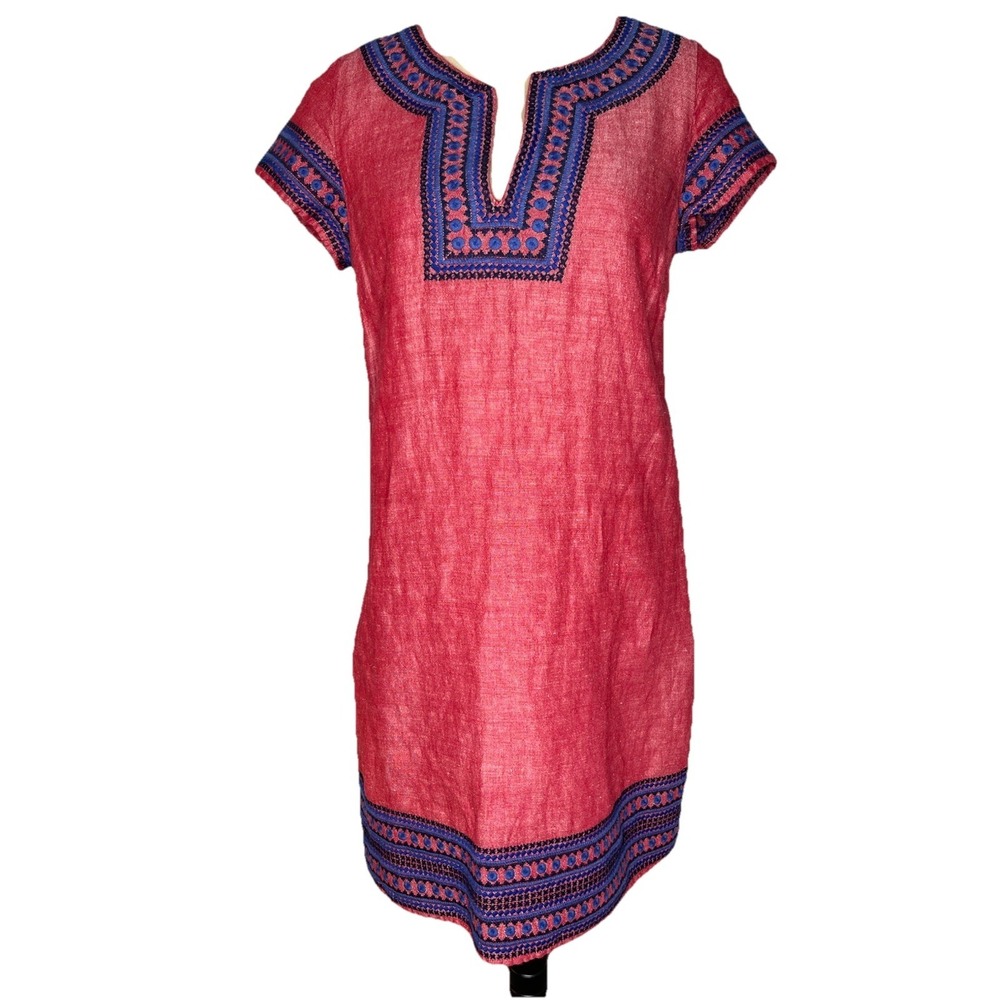 Vineyard Vines Women's Embroidered Red Linen Blend Tunic Dress Lined 4 Boho